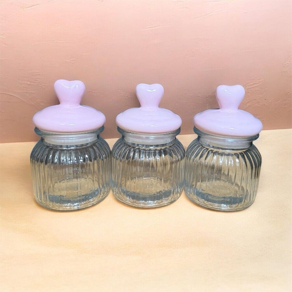 Pink Heart Lid Clear Glass Jar SET OF THREE 7" Tall Valentines Stash Candy Jar